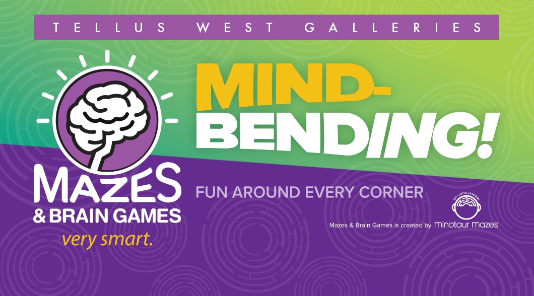 Purple and Green graphic with brain symbol and small maze motif