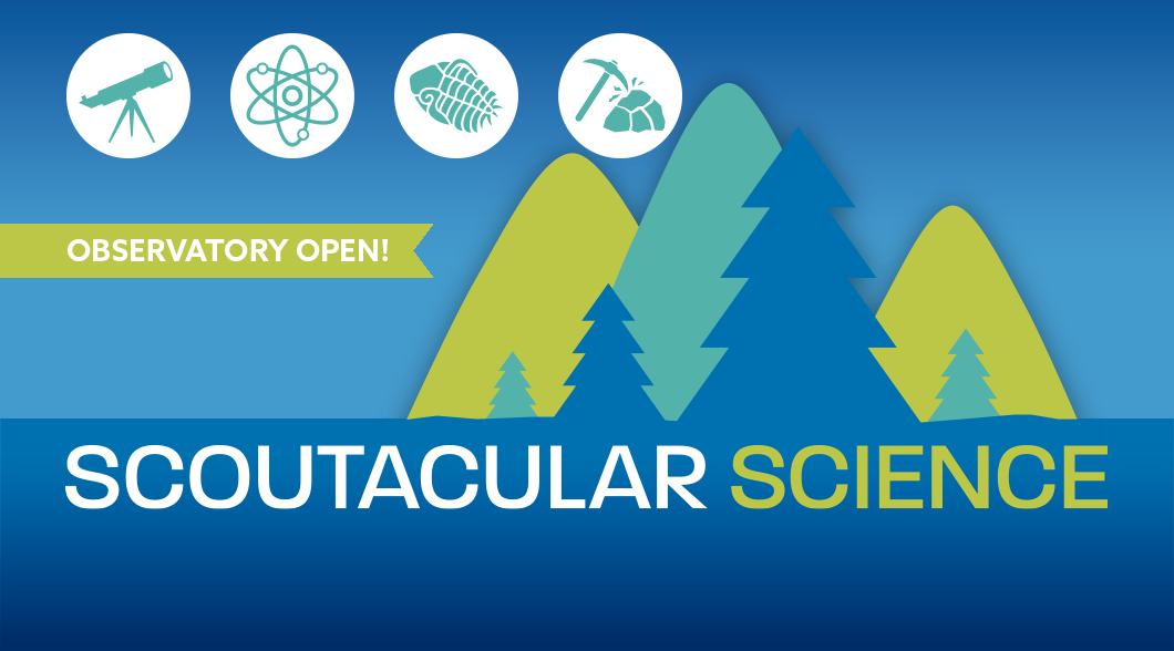 Graphic featuring various science themed medallions, forest, and mountains