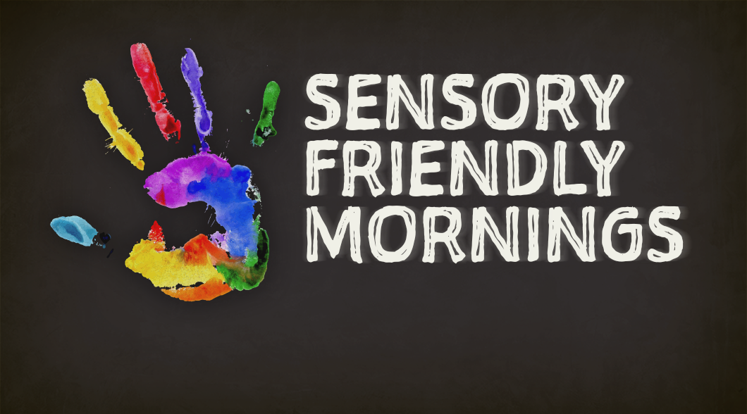 Graphic with Sensory Friendly Morning text with a finger painting style hand print in rainbow colors