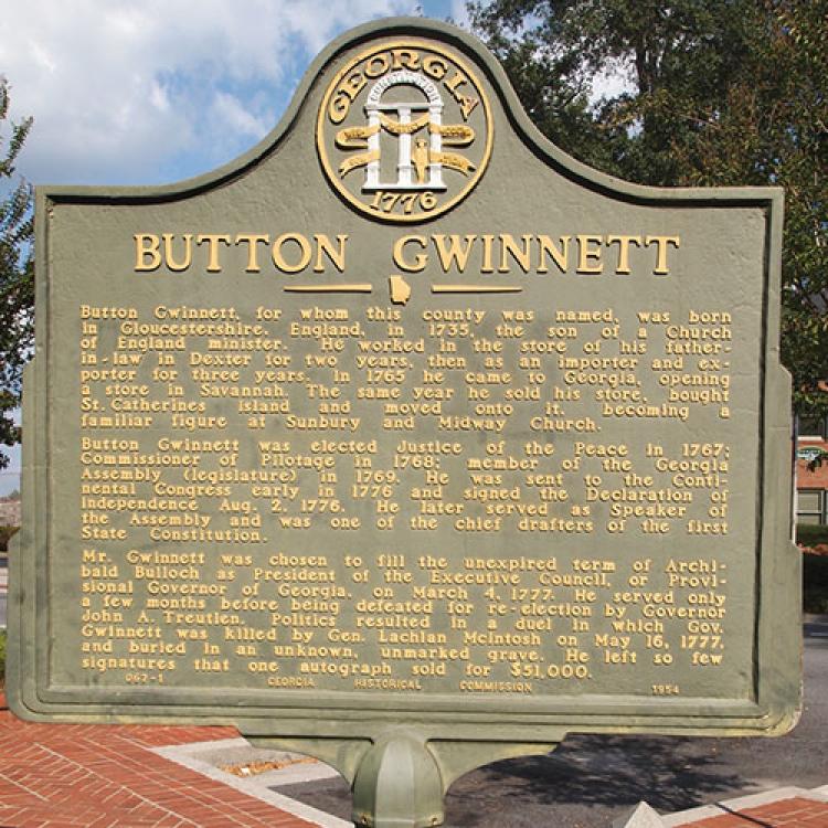 historical marker for Button Gwinnett