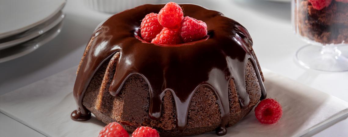 Chocolate ganache Bundt cake with raspberries