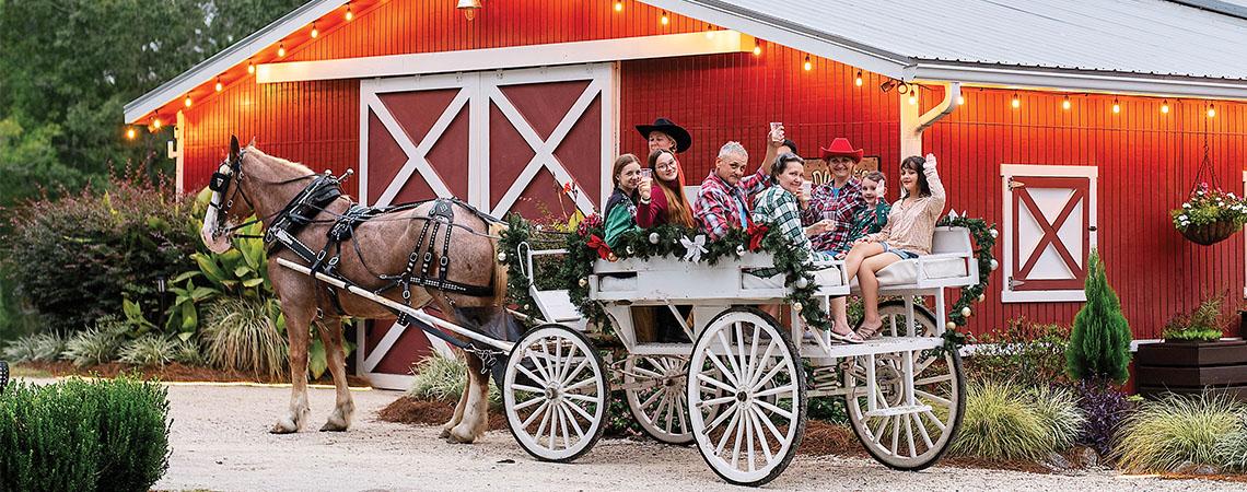 group of people wave at camera from back of horse drawn carriage, barn in background